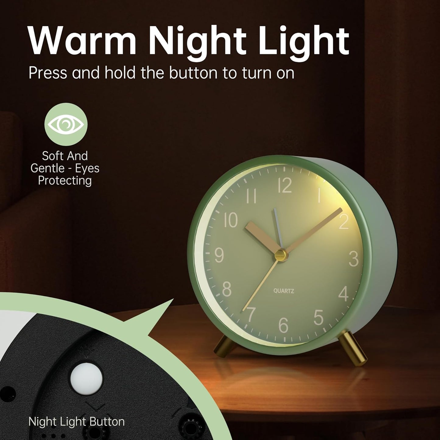 JALL Analog Alarm Clock, 4 inch Super Silent Non Ticking Small Clock with Night Light, Battery Operated, Simple Design, Old Fashioned Style Ideal Decor, for Bedroom, Bedside, Desk, Adult, Gift, Green
