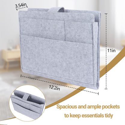 Seefoo Bed Caddy Organizer, Bunk Bed Shelf Caddy with 4 Pockets Grey | Easy Storage, Magazine Holder, Sturdy Bedside Organizer, Strong-Grip Loop Tape Sticky, for Bed, Bunk, Dorm, Sofa