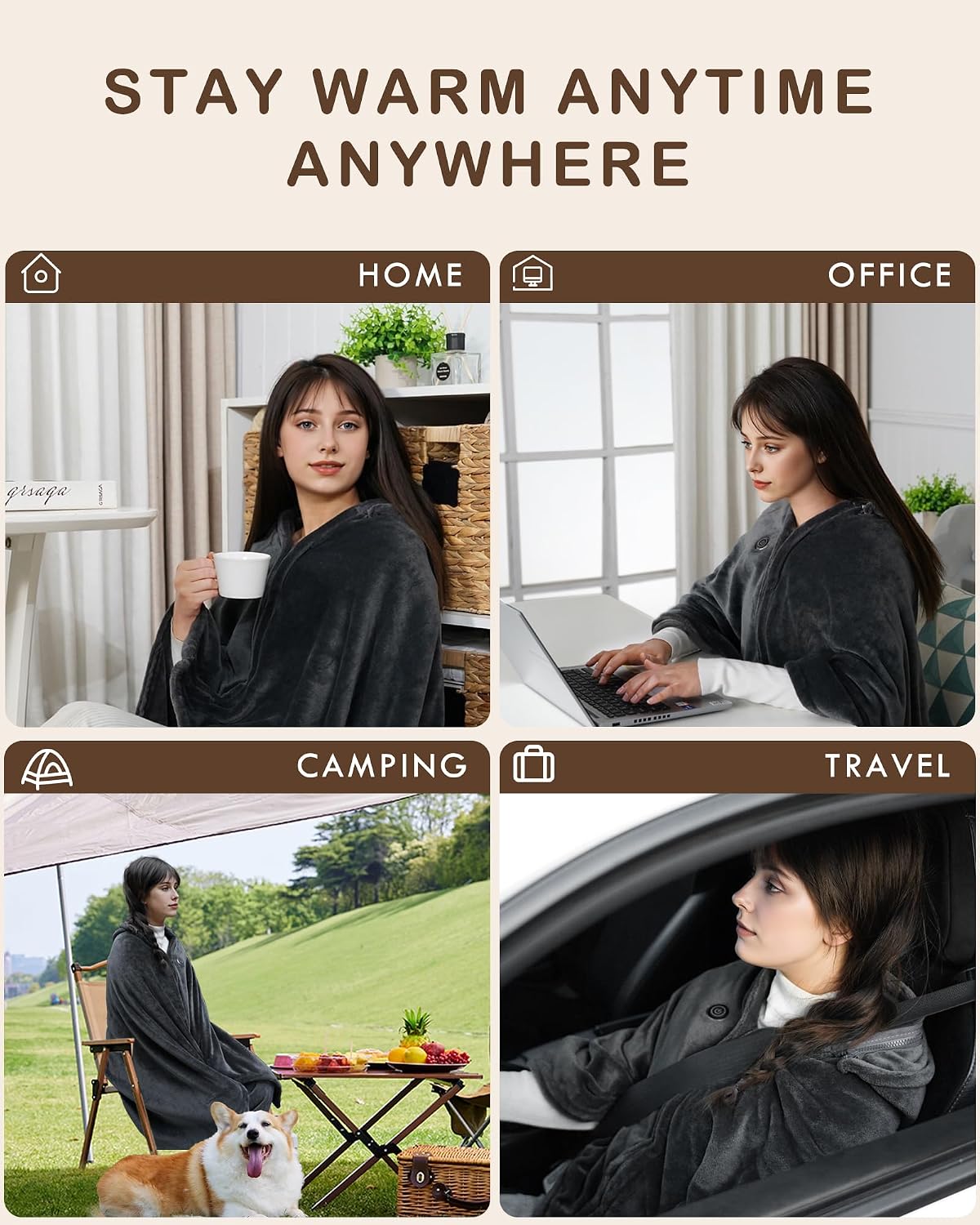 Cordless Heated Blanket Battery Powered; USB Wearable Portable Heated Throw Blanket with Hood, 20000 mAh Battery, 9 Heating Zone, 3-Level; Portable Heated Shawl Cordless; Camping