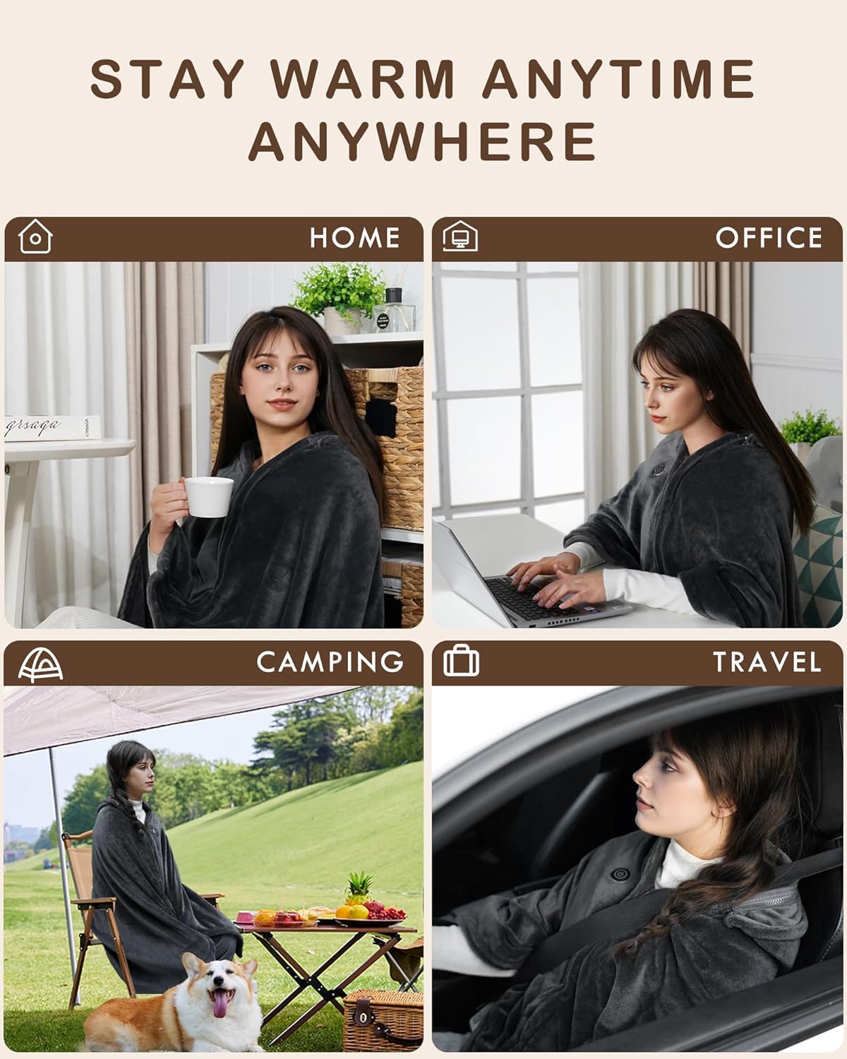 Cordless Heated Blanket Battery Powered; USB Wearable Portable Heated Throw Blanket with Hood, 20000 mAh Battery, 9 Heating Zone, 3-Level; Portable Heated Shawl Cordless; Camping，Comfort Warm Gray