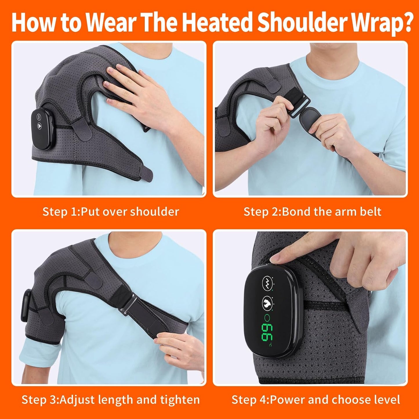 Cordless Heated Shoulder Brace Wrap, Heating Pad with Massage, 3 Heat & Vibration, 5000mAh Battery Powered, Shoulder Massager for Men Women