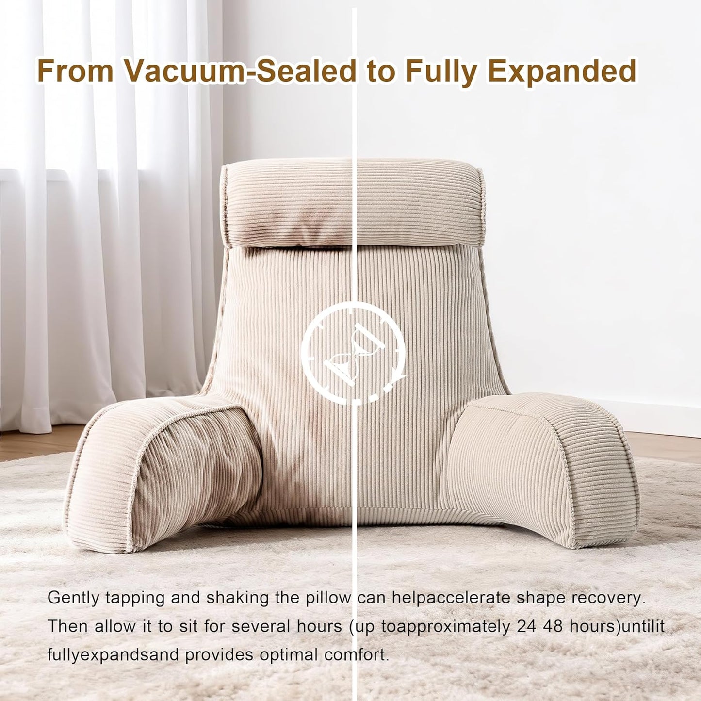Reading Pillow for Sitting Up in Bed, Corduroy Backrest Pillow with Arms, Side Pocket & Washable Cover, Bed Rest Pillow Back Support for Adults, Beige Gray