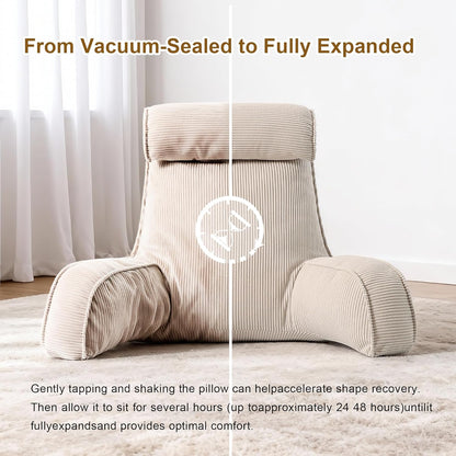 Reading Pillow for Sitting Up in Bed, Corduroy Backrest Pillow with Arms, Side Pocket & Washable Cover, Bed Rest Pillow Back Support for Adults, Beige Gray