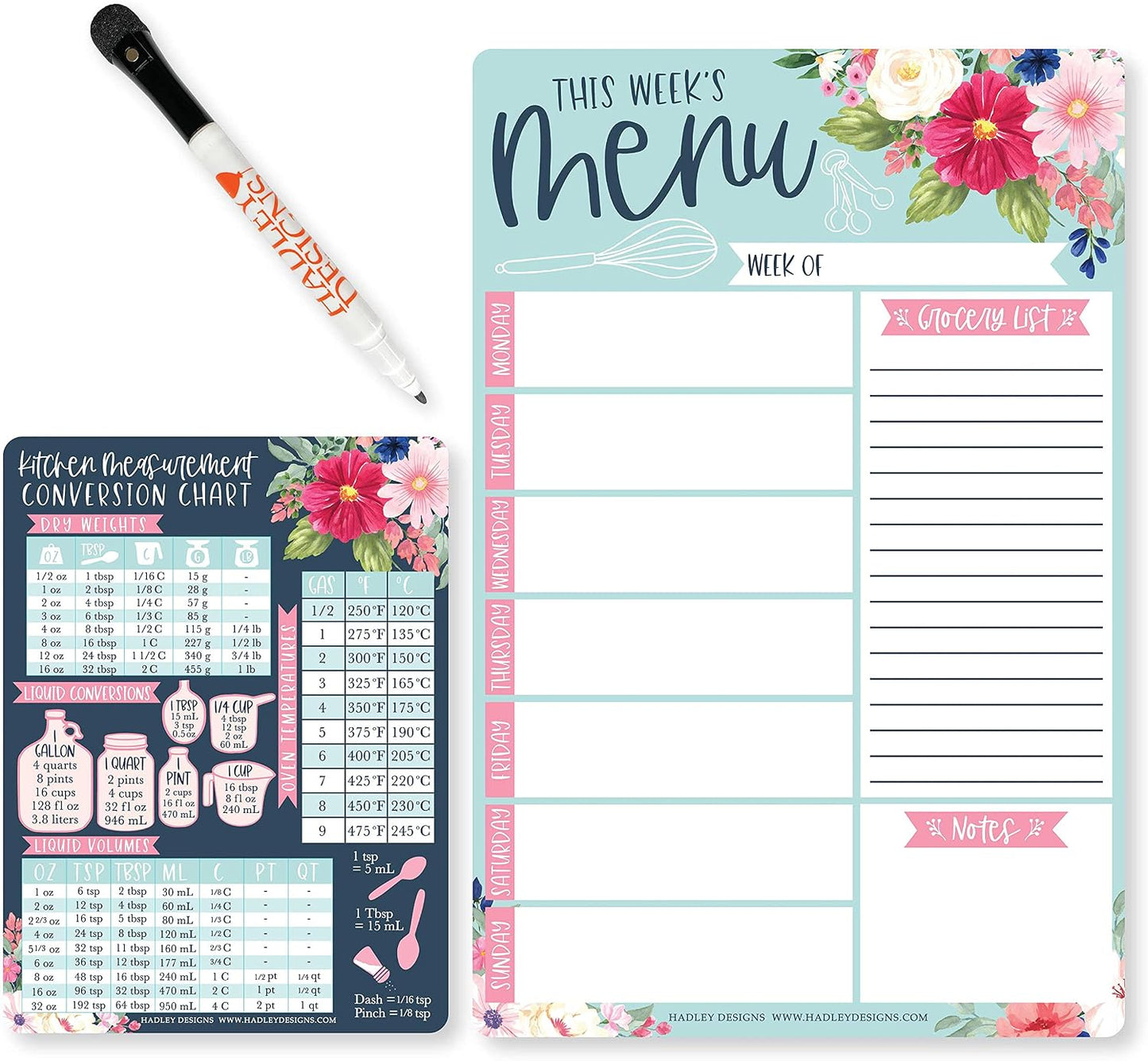 Hadley Designs Weekly Meal Planner for Fridge - Dinner Menu Board for Kitchen, Kraft Weekly Menu Board Dry Erase, Dry Erase Meal Planner for Fridge, Grocery List for Fridges with Conversion Chart
