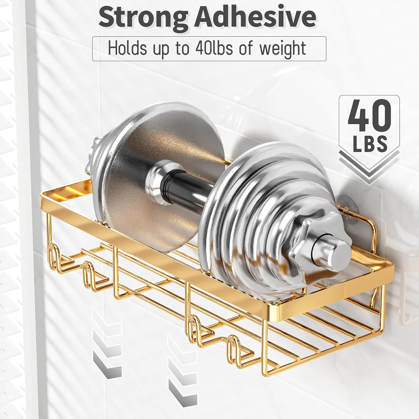 Liuoud 5 Pack Shower Caddy for Inside Shower, Gold Bathroom Storage Decor | Large Rustproof Stainless Steel Organizer with Strong Adhesive, No Drilling Wall Mounted Shelves, Bathroom Accessory Set