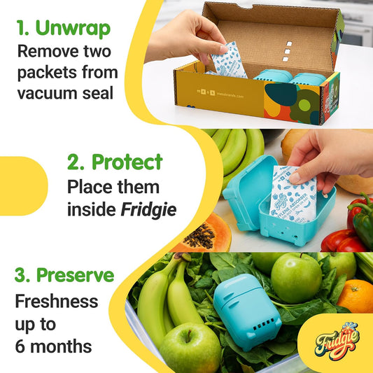Fridgie Produce Saver, Ethylene Gas Absorber, Fridge Lettuce Keeper - Blue | 4 refill packets, lasts up to 1 year, slows ripening, reduces food waste, crisper drawer, protects berries, herbs, greens