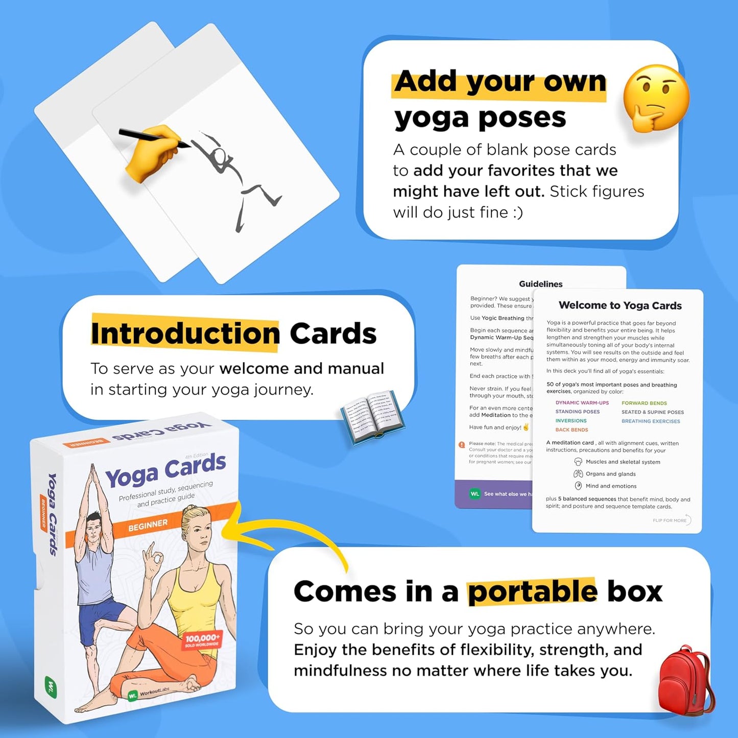 WorkoutLabs Yoga Cards – Beginner: Visual Study, Class Sequencing & Practice Guide with Essential Poses, Breathing Exercises & Meditation · Plastic Flash Cards Deck with Sanskrit