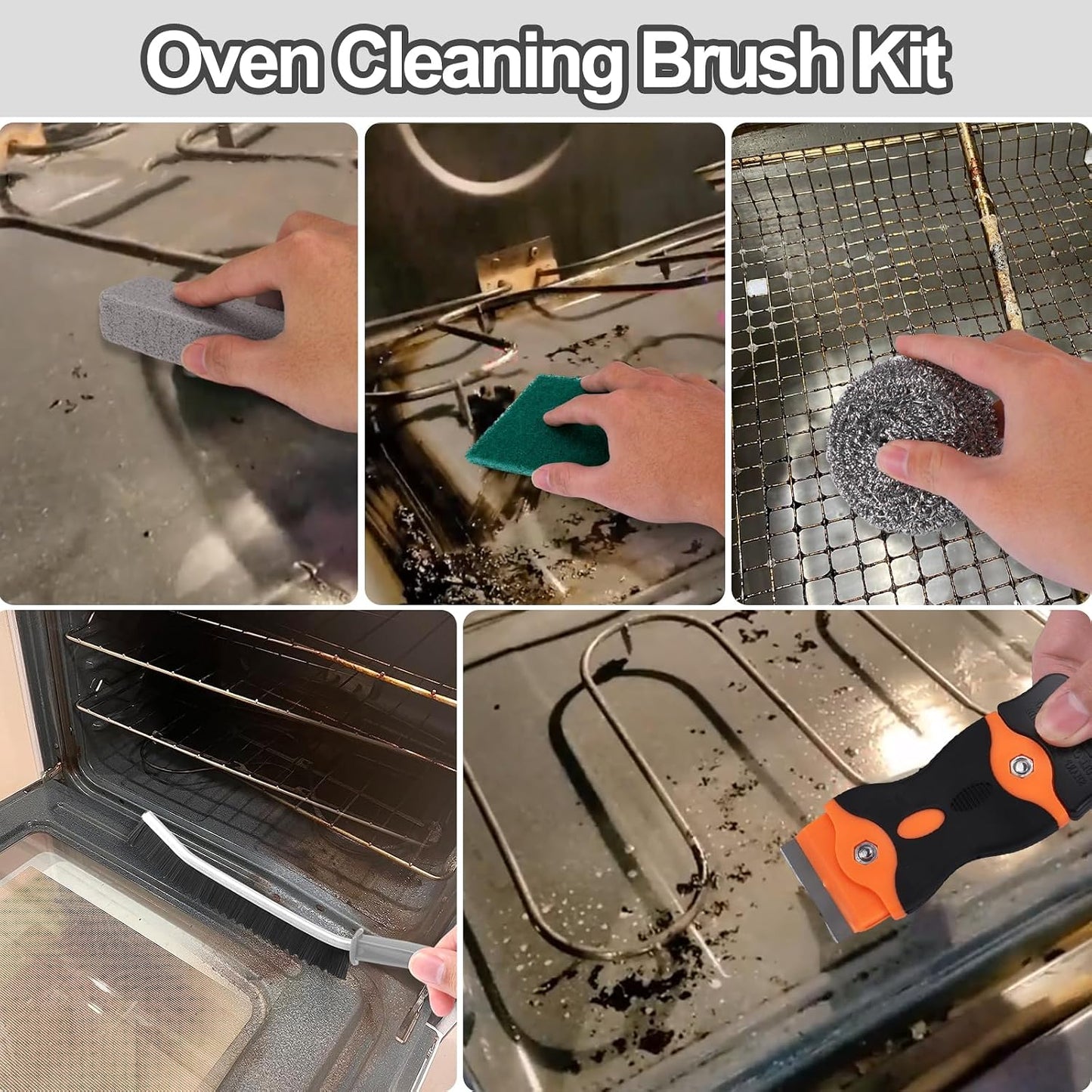 Heavy Duty Oven Cleaning Tools Kit,Oven Cleaner Brush Accessories | 1pcs Crevice Cleaning Brush,1pcs Razor Blade Scraper,1pcs Pumice Stone,1pcs Steel Wool Scrubber,2pcs Scrub Sponges