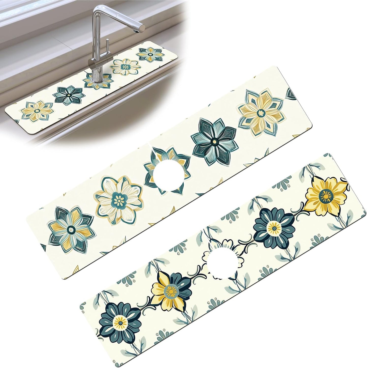 Bimkole 2 PCS Faucet Absorbent Mat, Kitchen Faucet Sink Splash Guard Wraparound Cloth Pads Drip Catcher for Sink Faucet for Kitchen Bathroom Faucet, Colorful Faucet Mat, 15 x 4 Inch Flower A6