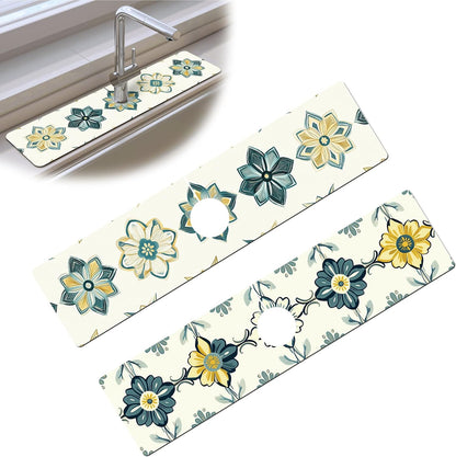 Bimkole 2 PCS Faucet Absorbent Mat, Kitchen Faucet Sink Splash Guard Wraparound Cloth Pads Drip Catcher for Sink Faucet for Kitchen Bathroom Faucet, Colorful Faucet Mat, 15 x 4 Inch Flower A6