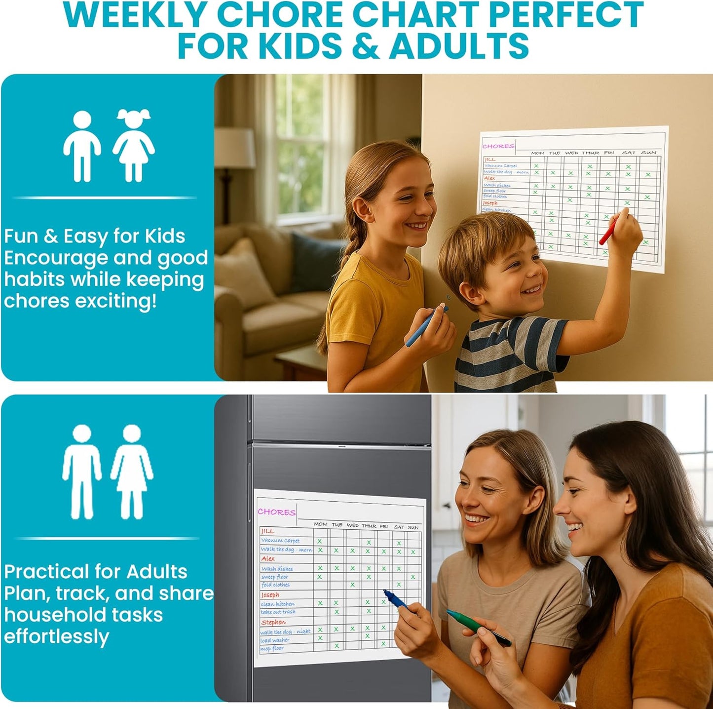 Iconikal 2-Pack Magnetic Dry Erase Chore Meal Chart 14x11-Inch Planner Schedule WOD Goal Tracker Grid Refrigerator Whiteboard Home Office