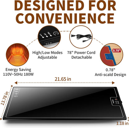 Warming Mat for Food,Extra Long 40"x12",Tempered Glass Warming Tray, Black