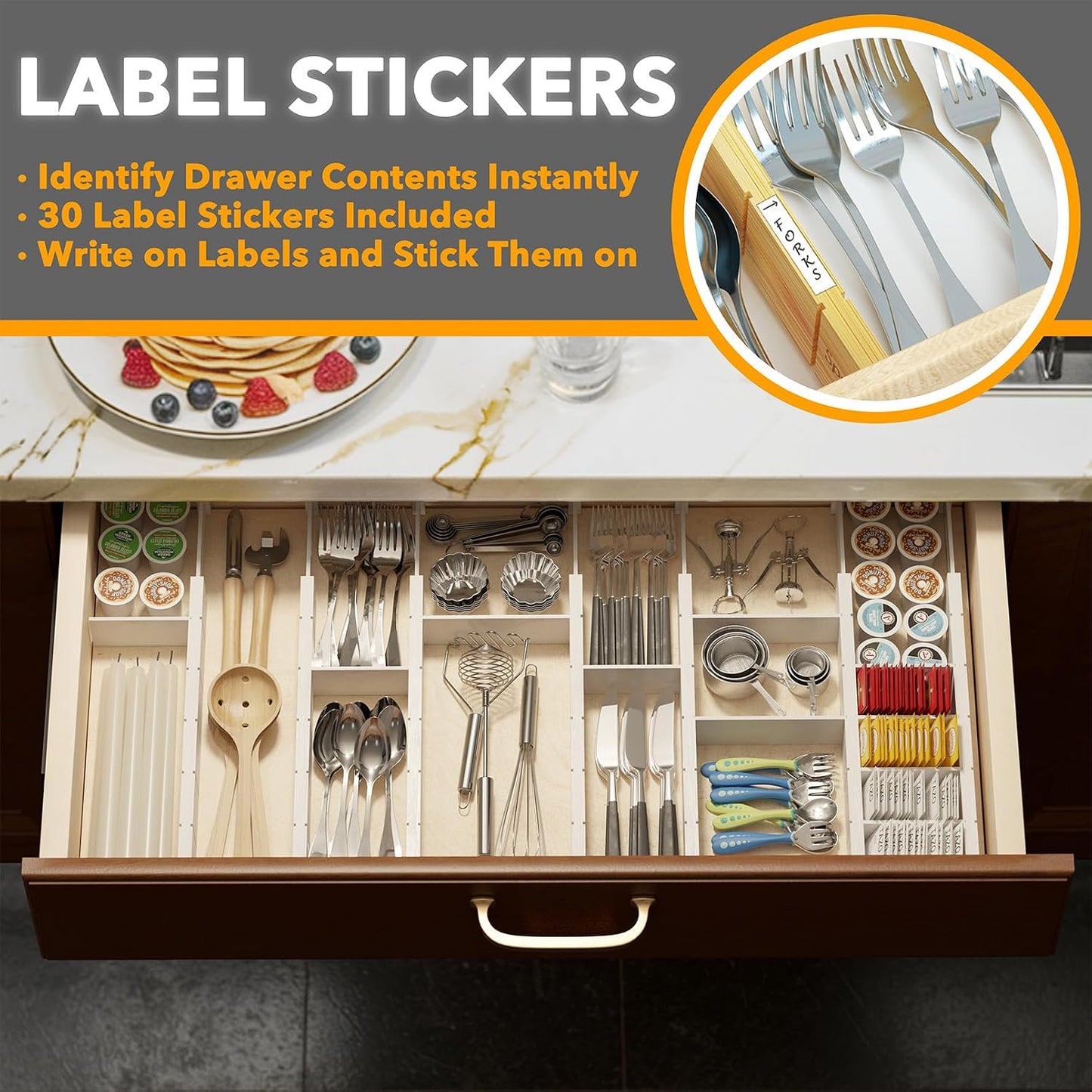 SpaceAid Bamboo Drawer Dividers with Inserts and Labels, Kitchen Adjustable Drawer Organizers, Expandable Organization for Home, Office, Dressers, 4 Dividers with 9 Inserts (17"-22" Natural)