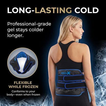 2 Pack KoolX Premium Gel Ice Packs for Injuries Reusable, Flexible Cold Wraps with Straps, Soft Plush & Nylon Sides, Extension Strap, Ice Pack for Knee, Back, Shoulder, Elbow & Calf - Medium + Large