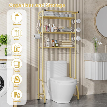 Simple Trending Over The Toilet Storage Cabinet, Metal Bathroom Shelf Organizer with Paper Holder and Hooks, 3 Tier, Black