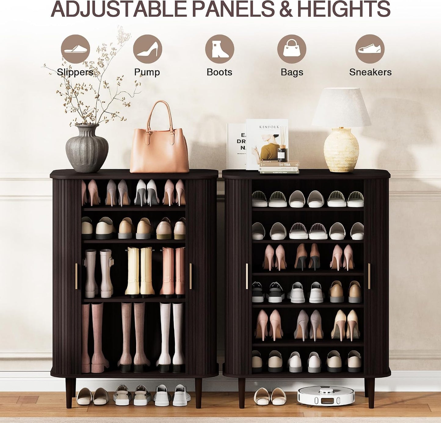 DHH Shoe Storage Cabinet with Sliding Door, 6-Tier Shoe Cabinet with Adjustable Shelves, Modern Freestanding Shoe Storage Organizer for Entryway, Hallway, Living Room (Walnut, 47 ")