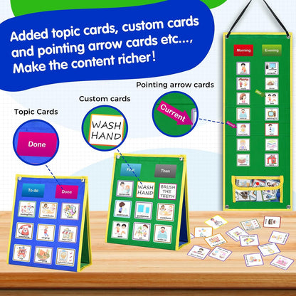 KIKIGOAL Kids Visual Schedule Calendar Chart, 2 in 1 Autism Daily Chore Routine Chart with 96 Cards Autism Learning Materials Bedtime Routine for Toddlers Home School