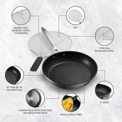 Frying Pan Nonstick - 10" Non Stick Frying Pan with Lid Splatter Screen - Lightweight Aluminum Fry Pan Skillet Includes Spatula - 2" Deep Egg Pan, PFAS-Free and PFOA Free, Dishwasher Safe, Oven Safe