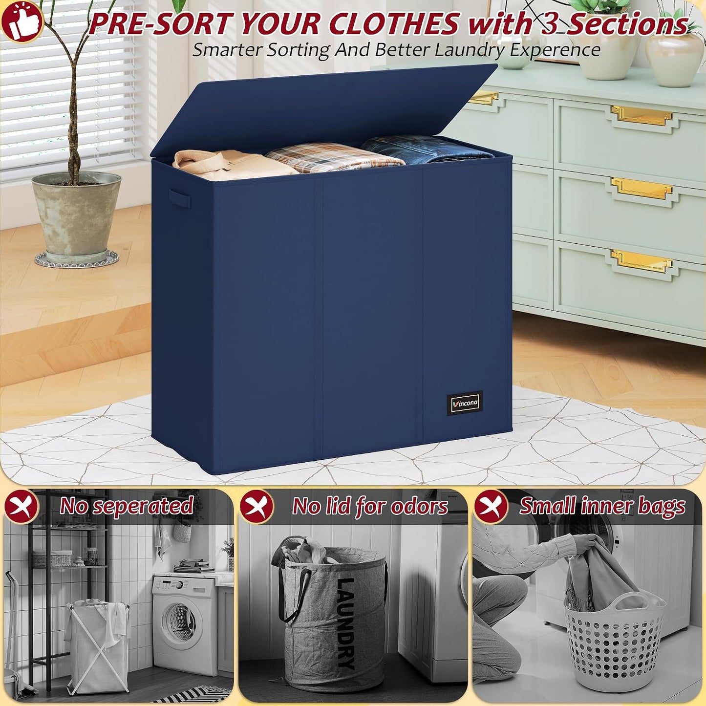 195L Laundry Hamper 3 Section,Large Laundry Hamper with Lid,Dirty Clothes Hamper with 3 Inner Bags,Collapsible Laundry Basket Organizer for Laundry Room,Bedroom,Laundry Sorter Hamper 3 Compartment