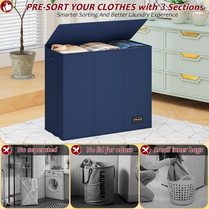 195L Laundry Hamper 3 Section,Large Laundry Hamper with Lid,Dirty Clothes Hamper with 3 Inner Bags,Collapsible Laundry Basket Organizer for Laundry Room,Bedroom,Laundry Sorter Hamper 3 Compartment