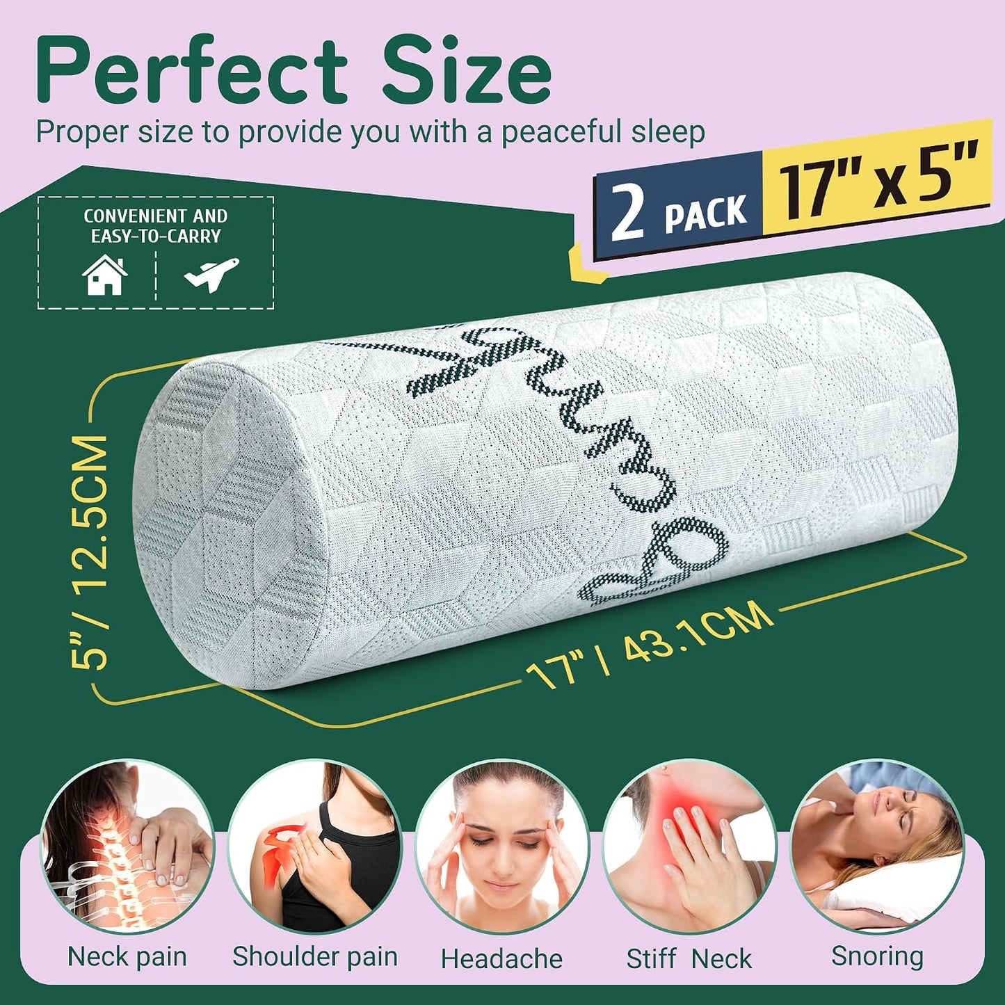 Cervical Roll Pillow, Cylinder Neck Pillow with Removable Washable Cover | 2 Pack Round Bolster Pillow for Neck, Back, Leg, and Knee Support, 5" x 17"