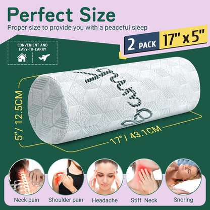 Cervical Roll Pillow, Cylinder Neck Pillow with Removable Washable Cover | 2 Pack Round Bolster Pillow for Neck, Back, Leg, and Knee Support, 5" x 17"