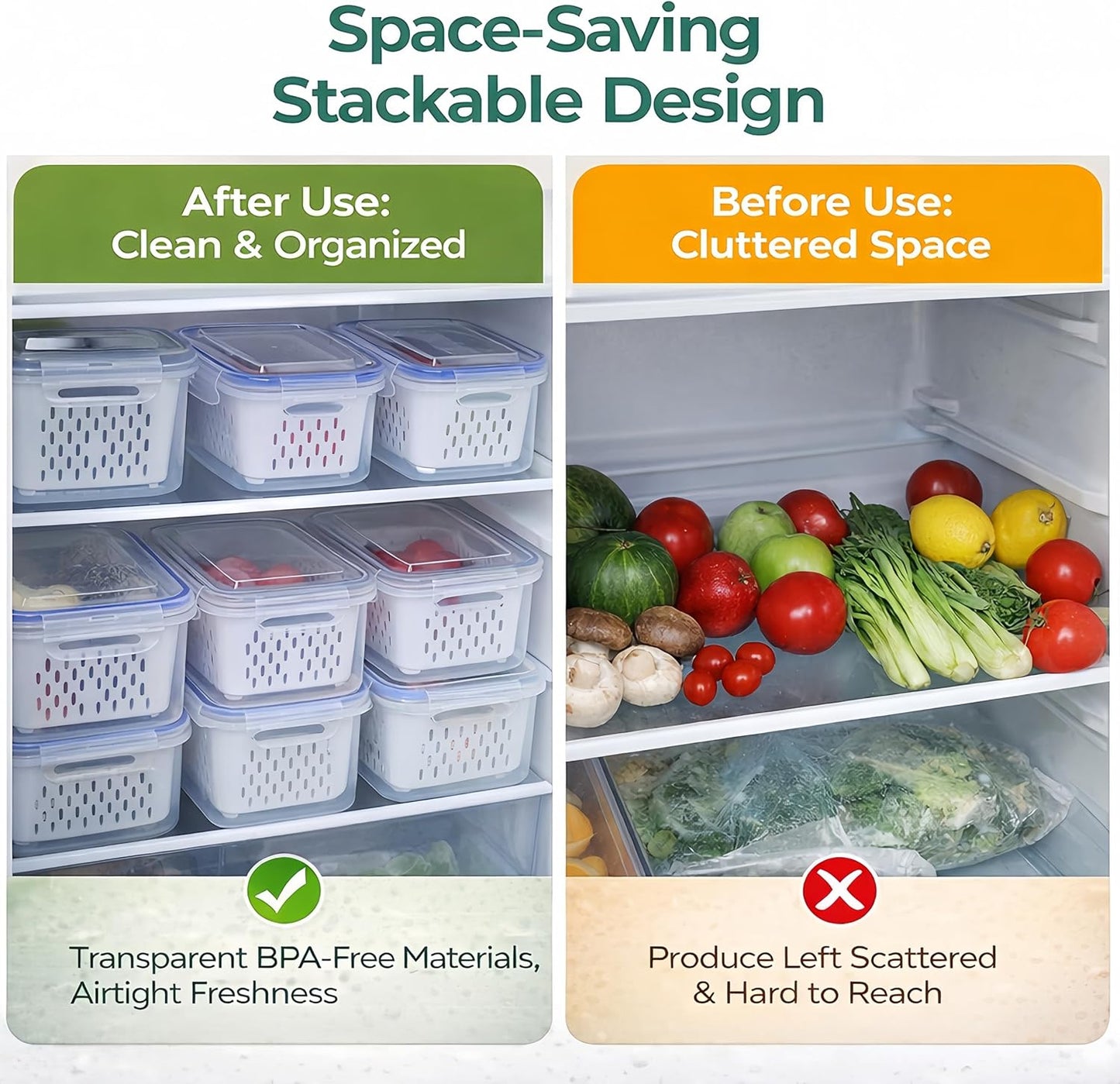 Fruit Storage Containers for Fridge, 4 in 1 Food Storage Container with Removable Colander, Airtight Produce Saver, Stackable Fridge Organizer for Wash, Drain & Store (Gray, S)