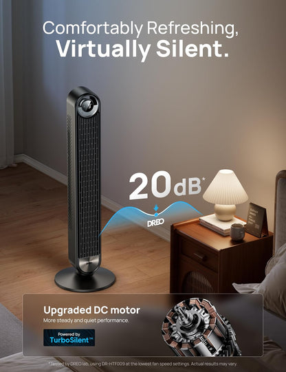 DREO Tower Fan for Bedroom, Upgraded DC 28ft/s Velocity, 20dB Quiet Fan | 9 Speeds Fans that Blow Cold Air, 90° Oscillating Cooling Fan, 4 Modes, 12H Timer Bladeless Standing Fan for Home, Black