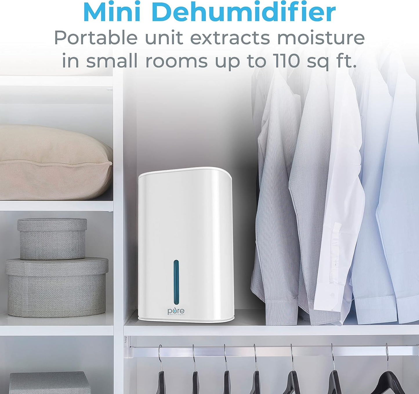 Pure Enrichment PureDry Mini Dehumidifier - 27oz Compact Water Tank Eliminates 300ml/day of Excess Moisture from Closets, Bathrooms, Boats, Kitchens, and Other Small Rooms and Living Spaces