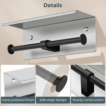 FORIOUS Toilet Paper Holder with Shelf, Commercial Toilet Paper Dispensers | Brushed Nickel | Wall Mount Bathroom Tissue Holder | SUS304 Stainless Steel Rustproof | Double Tissue Roll Holder