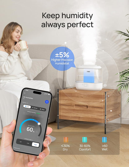 DREO Smart Humidifiers for Bedroom, 4L Cool Mist Humidifier