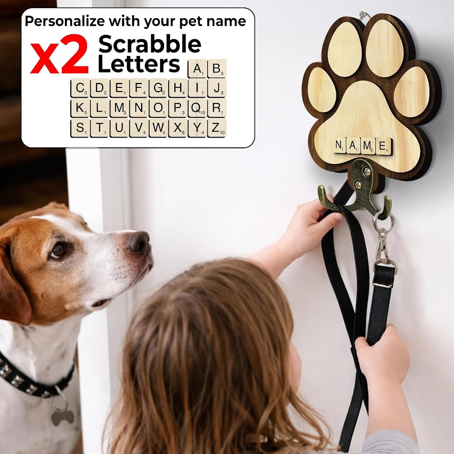 Dog Leash Holder Wall Mount, Pet Harness Hanger with Scrabble Letters, Dog Collar Organizer for Entryway, Memorial Cat Leash Holder for Wall, Pet Loss Gifts, Keepsake, Home Decor PF212-NAT