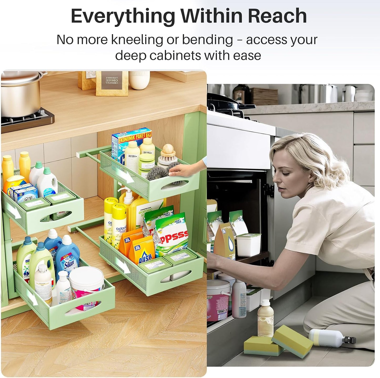 Under Sink Organizer, 2 Tier Pull out Cabinet Organizer Baskets with Mesh Sliding Drawers, Slide out Storage Shelf for Home, Kitchen, Bathroom, Pantry, Office Cabinet, Countertop(1 Pack)