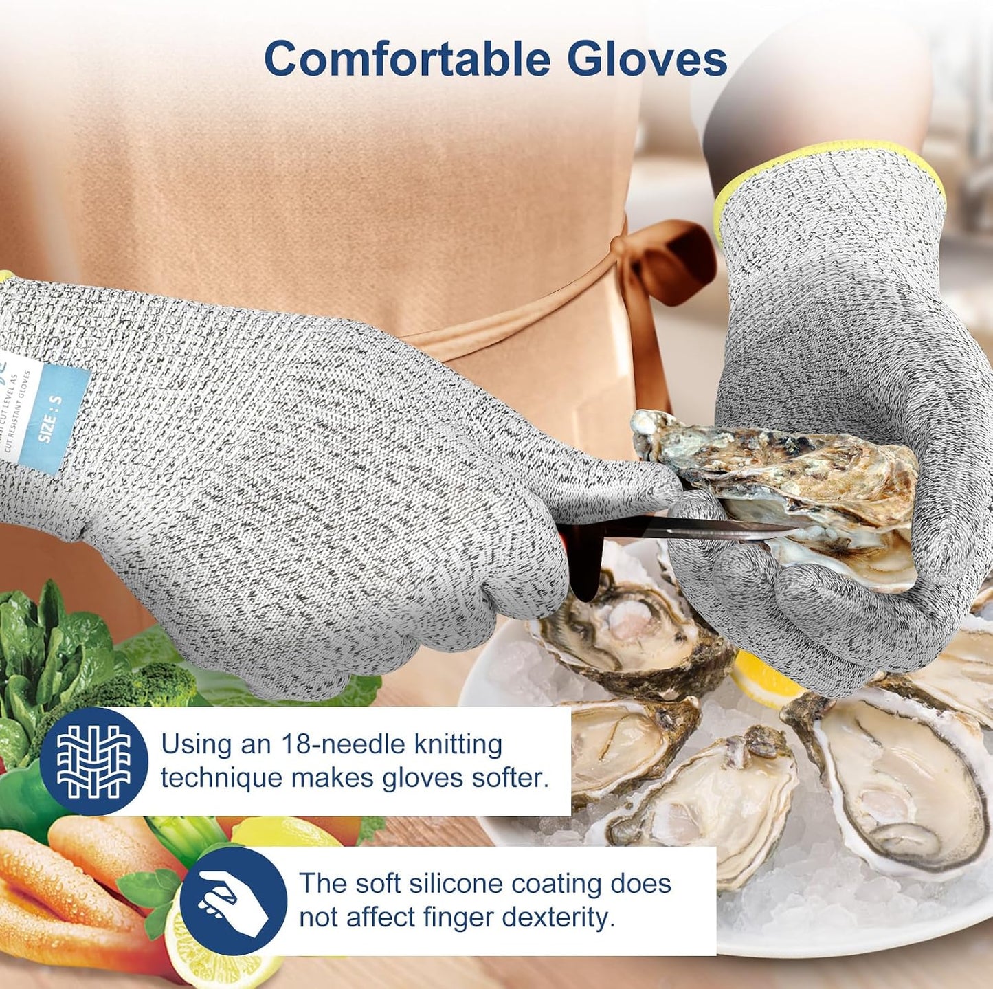 Dowellife Cut Resistant Gloves Food Grade Level 5 Protection, Safety Kitchen Cuts Gloves for Oyster Shucking, Fish Fillet Processing, Mandolin Slicing, Meat Cutting and Wood Carving. (X-Large)