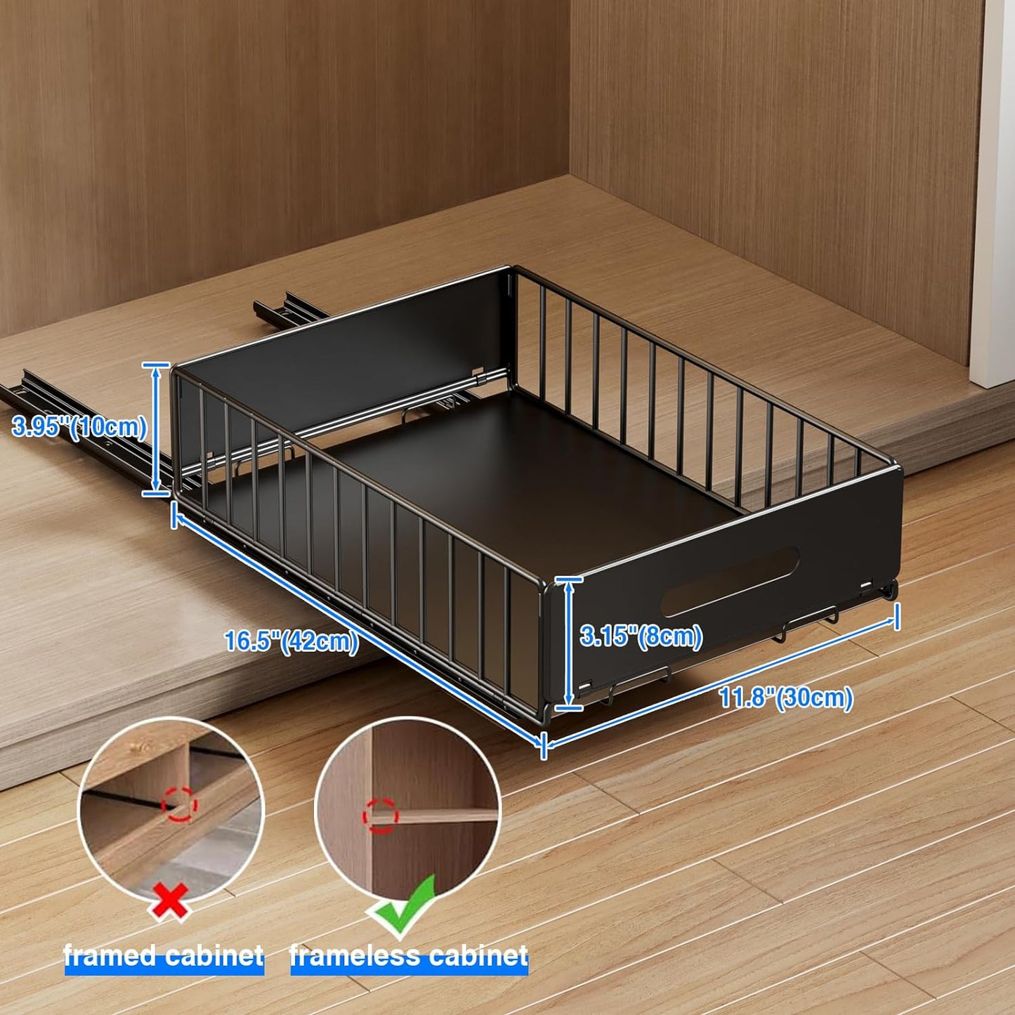 Mustorn 2 Pack Pull Out Cabinet Organizer, Slide Out Drawers for Cabinets, Peel and Stick, Heavy Duty Shelves for Kitchen, Cupboard, Pantry, Bathroom (16.5"D*11.8"W*3.94"H-Black)