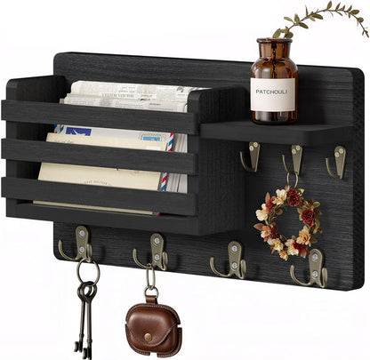 Key Holder Wall Mount with Mail Organizer, 16" L x 5" W x 9.1" H Oversized Keys Hanger Rack with Shelf and 7 Hooks, Wood Wall Organizer for Wallet, Dog Lesh (Brown)