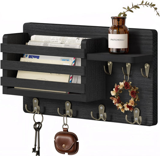 Key Holder Wall Mount with Mail Organizer, 16" L x 5" W x 9.1" H Oversized Keys Hanger Rack with Shelf and 7 Hooks, Wood Wall Organizer for Wallet, Dog Lesh (Brown)
