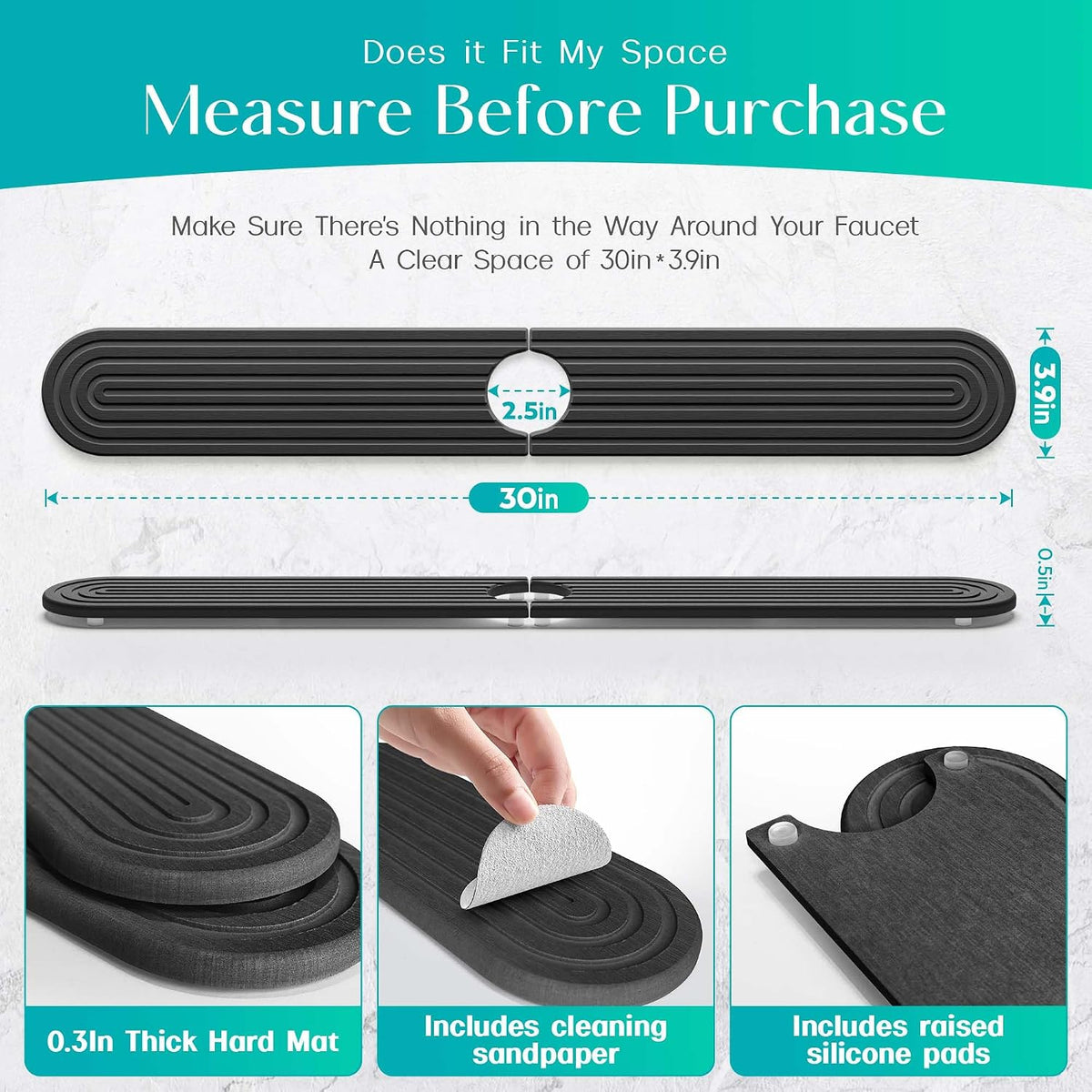 Stone Faucet Mat for Kitchen Sink – Diatomite Fast-Drying Stone Tray, Faucet Mat Sink Splash Guard, Decorative Sink Protector for Kitchen Bathroom Counter (Light Grey, 20''x3.9'')