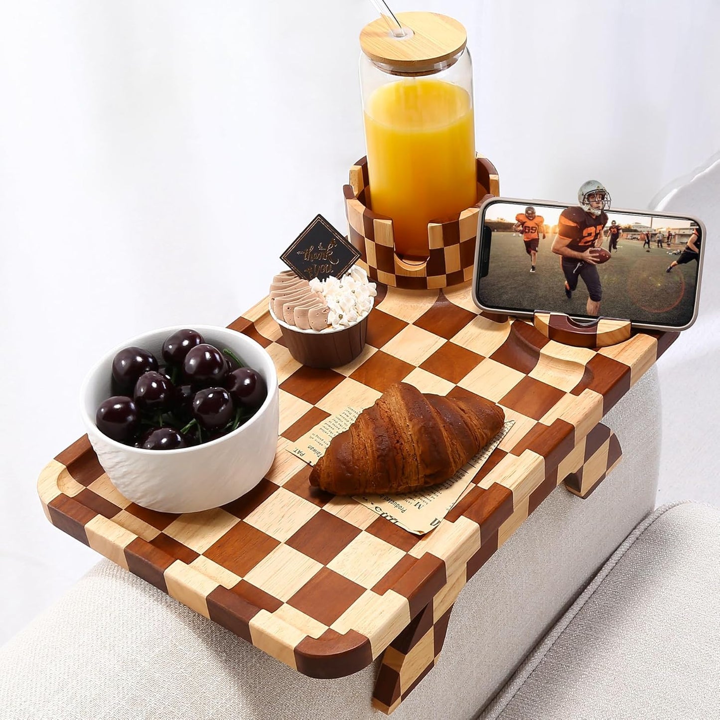 Nnewvante Couch Cup Holder Tray, 3 in 1 Large 15.36"x9.85" Acacia Wood Sofa Arm Clip on Tray Table with 360°Rotated Phone Holder on Armrest