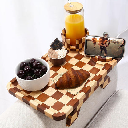 Nnewvante Couch Cup Holder Tray, 3 in 1 Large 15.36"x9.85" Acacia Wood Sofa Arm Clip on Tray Table with 360°Rotated Phone Holder on Armrest