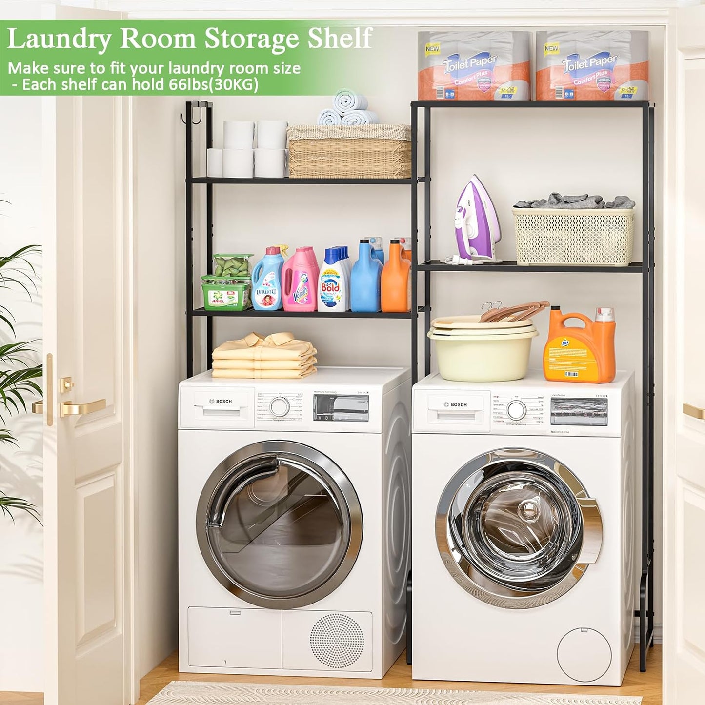 DAOUTIME Over the Washer and Dryer Storage Shelf, 4-Tier Laundry Room Organizer with Adjustable Shelves & Leveling Feet, Heavy Duty Space-Saving Wire Laundry Shelf - Fits Right Over Washing Machines