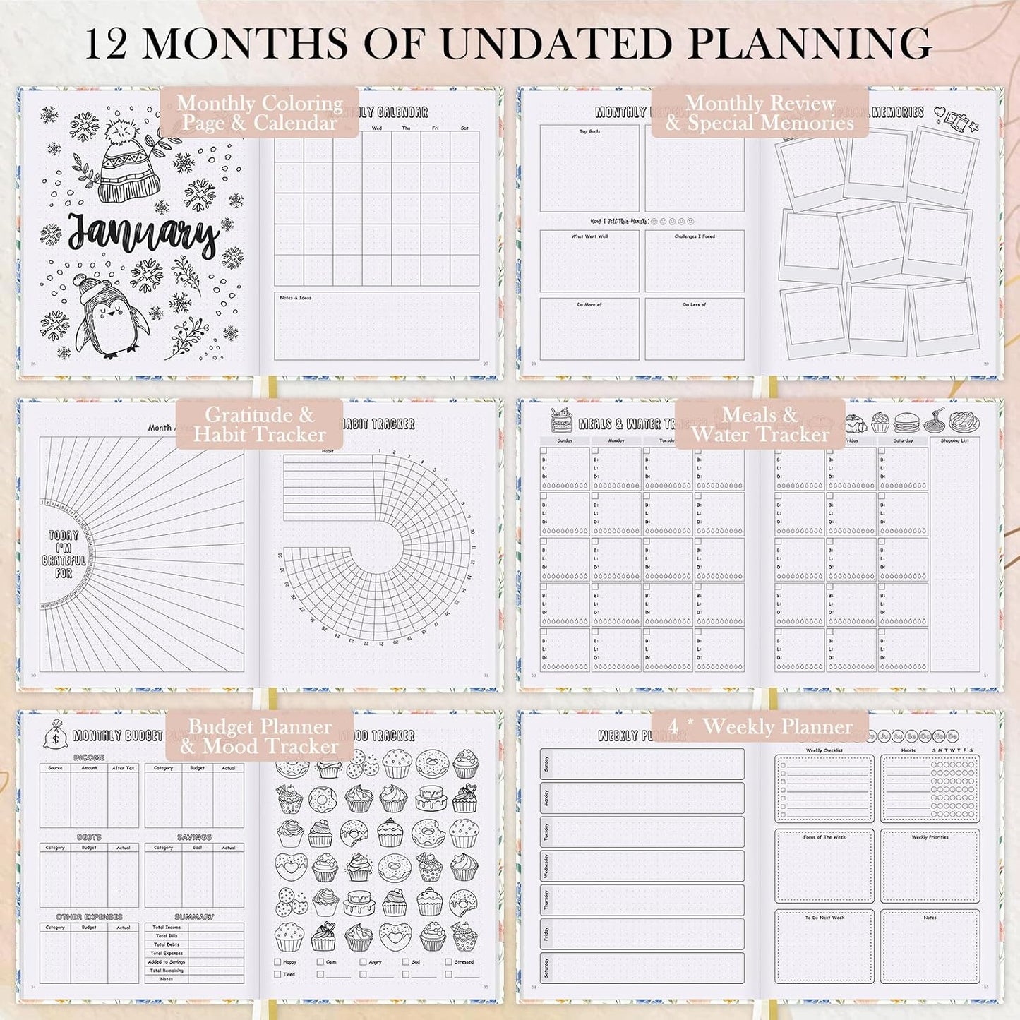 Everloria Premade Dotted Journal Notebook, 12 Months Pre-made Bullet Templates, 260 Hand-Drawn Coloring Pages, Undated Weekly & Monthly Planner, 7.8"x9.3" Leather Dot Grid Habit Mood Tracker