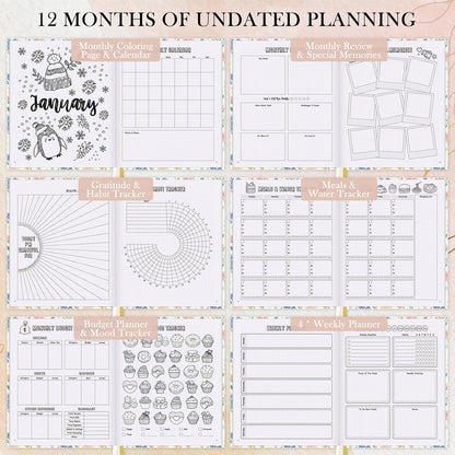 Everloria Premade Dotted Journal Notebook, 12 Months Pre-made Bullet Templates, 260 Hand-Drawn Coloring Pages, Undated Weekly & Monthly Planner, 7.8"x9.3" Leather Dot Grid Habit Mood Tracker