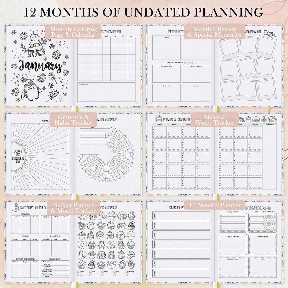 Everloria Premade Dotted Journal Notebook, 12 Months Pre-made Bullet Templates, 260 Hand-Drawn Coloring Pages, Undated Weekly & Monthly Planner, 7.8"x9.3" Leather Dot Grid Habit Mood Tracker