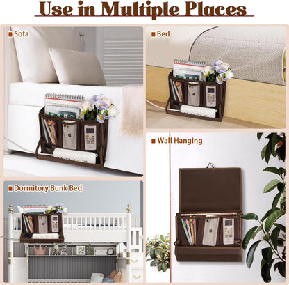 Bedside Caddy Organizer for Dorm Bed Rails with 7 Pockets, Gray | Bed Pockets Bedside Storage with Power Strip Holder & 2 Adjustable Straps for Home, College, Dorm, Hospital Bedside Organizer