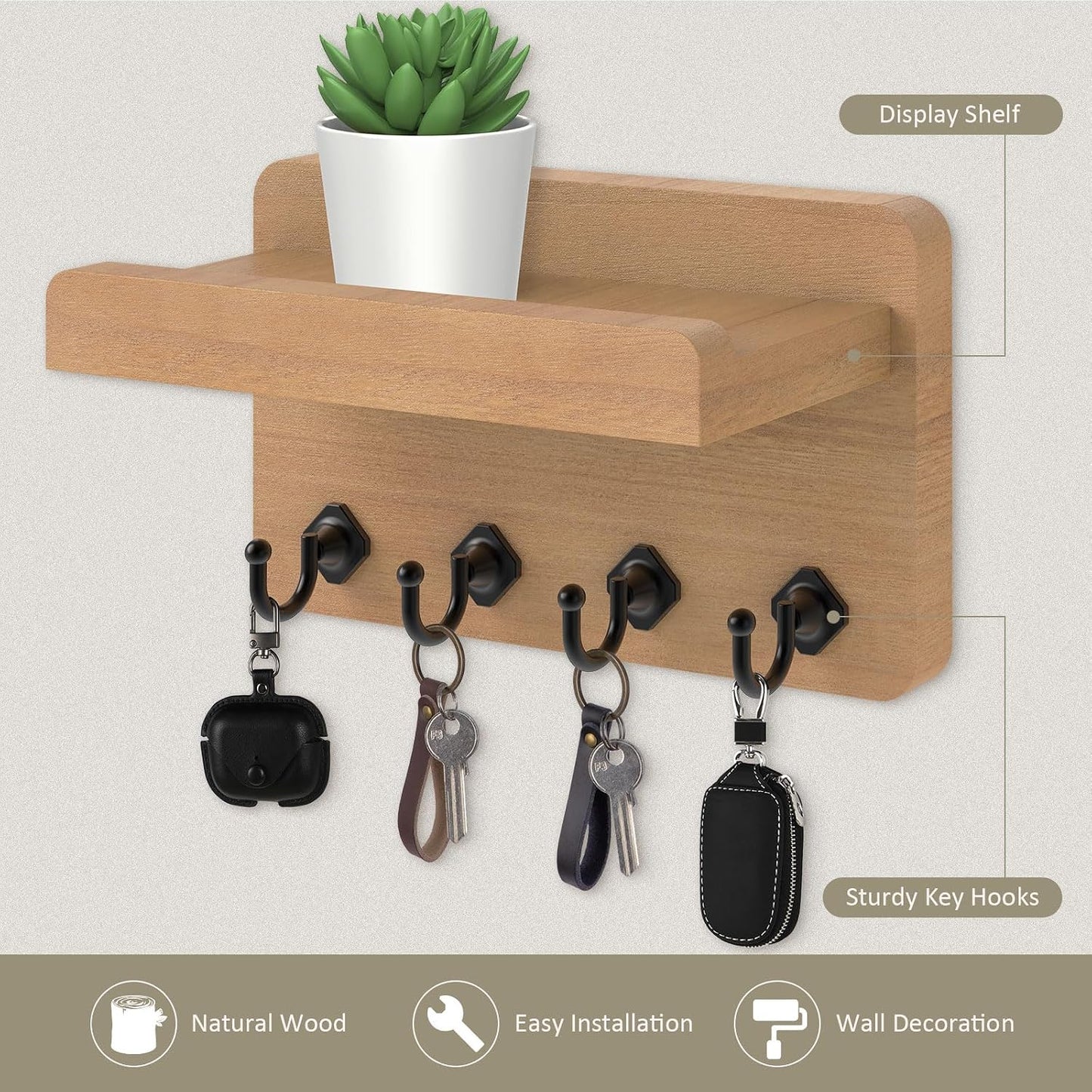 Nekon Key Holder Wall Mount, 8.5 Inch Small Wooden Wall Organizer, Black | Rustic Wall Shelf, Farmhouse Key and Mail Holder for Living Room Entryway Kitchen