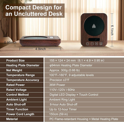 Coffee Mug Warmer, 36W, 120–180°F, 1–12H Timer | 7 heat levels, fast metal heating plate, digital touch control, 8H auto shut-off, wood-grain finish for desk use