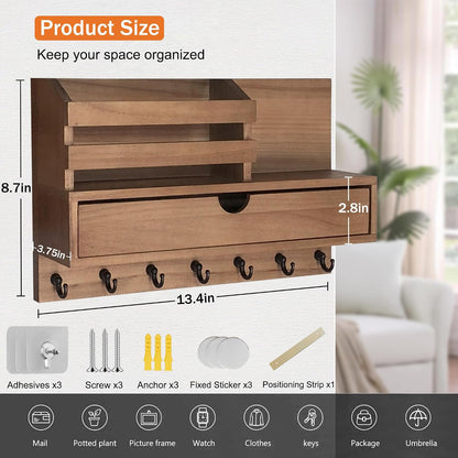 dreampossible Key and Mail Holder for Wall, Mail Organizer Wall Mount with 6 Hooks and Storage Drawer, Wooden Key Rack Hanger with Shelf for Entryway and Home Decor