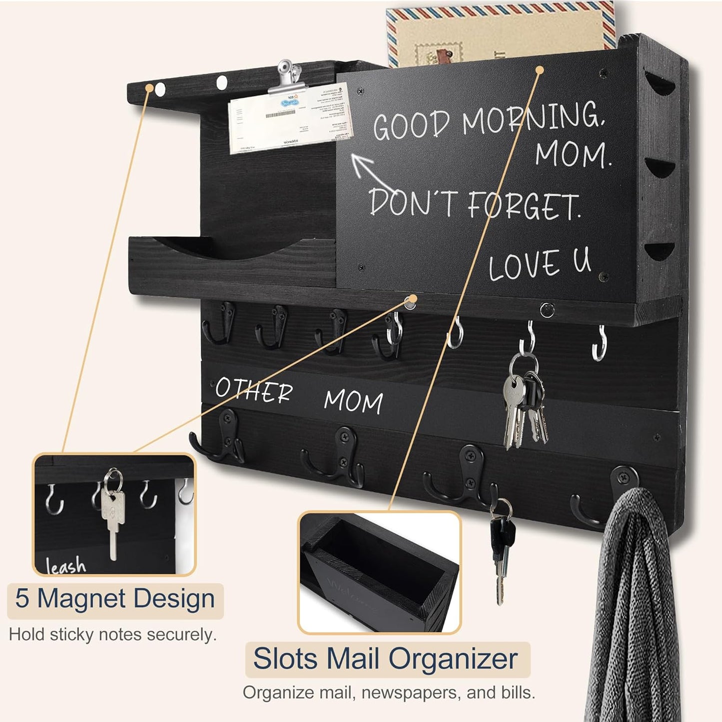 Key Holder for Wall Mount with Shelf and Mail Organizer, Key and Mail Holder with 16 Hooks, Farmhouse Entryway Organizer, Home Decor Rack (Pine Wood, White Washed)