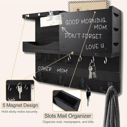 Key Holder for Wall Mount with Shelf and Mail Organizer, Key and Mail Holder with 16 Hooks, Farmhouse Entryway Organizer, Home Decor Rack (Pine Wood, White Washed)